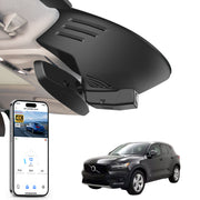 Mangoal rearview mirror built-in dash cam with smartphone app control, 4K Ultra HD recording, GPS tracking, and Volvo XC40 models in the background.