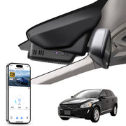 Mangoal rearview mirror built-in dash cam with smartphone app control, 4K Ultra HD recording, GPS tracking, and Volvo XC60 models in the background.