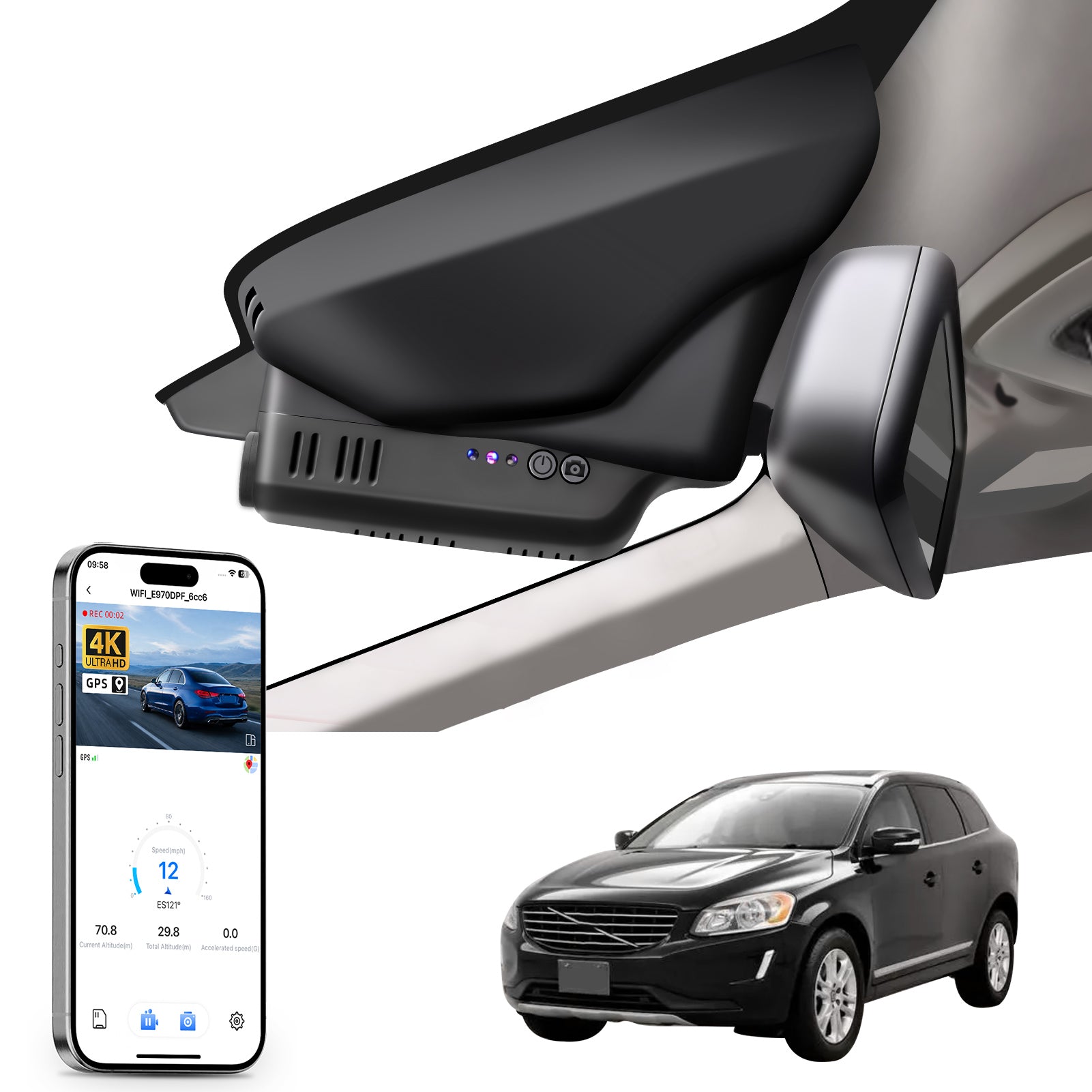 Mangoal rearview mirror built-in dash cam with smartphone app control, 4K Ultra HD recording, GPS tracking, and Volvo XC60 models in the background.