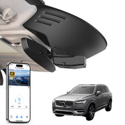 Mangoal rearview mirror built-in dash cam with smartphone app control, 4K Ultra HD recording, GPS tracking, and Volvo XC90 models in the background.
