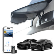 2 channel dash cam with dual STARVIS 2, features smartphone app control, 4K Ultra HD recording, GPS tracking, and Mazda CX-5 & CX-9 models in the background. 