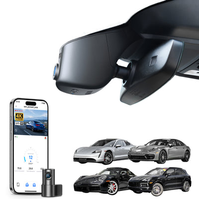 2 channel dash cam with dual STARVIS 2, features smartphone app control, 4K Ultra HD recording, GPS tracking, and Porsche vehicles models in the background. 