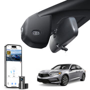 Mangoal 2 channel dash cam with STARVIS sensor, features smartphone app control, front 4K UHD and rear Full HD recording, GPS tracking, and Acura Integra Black models in the background. 