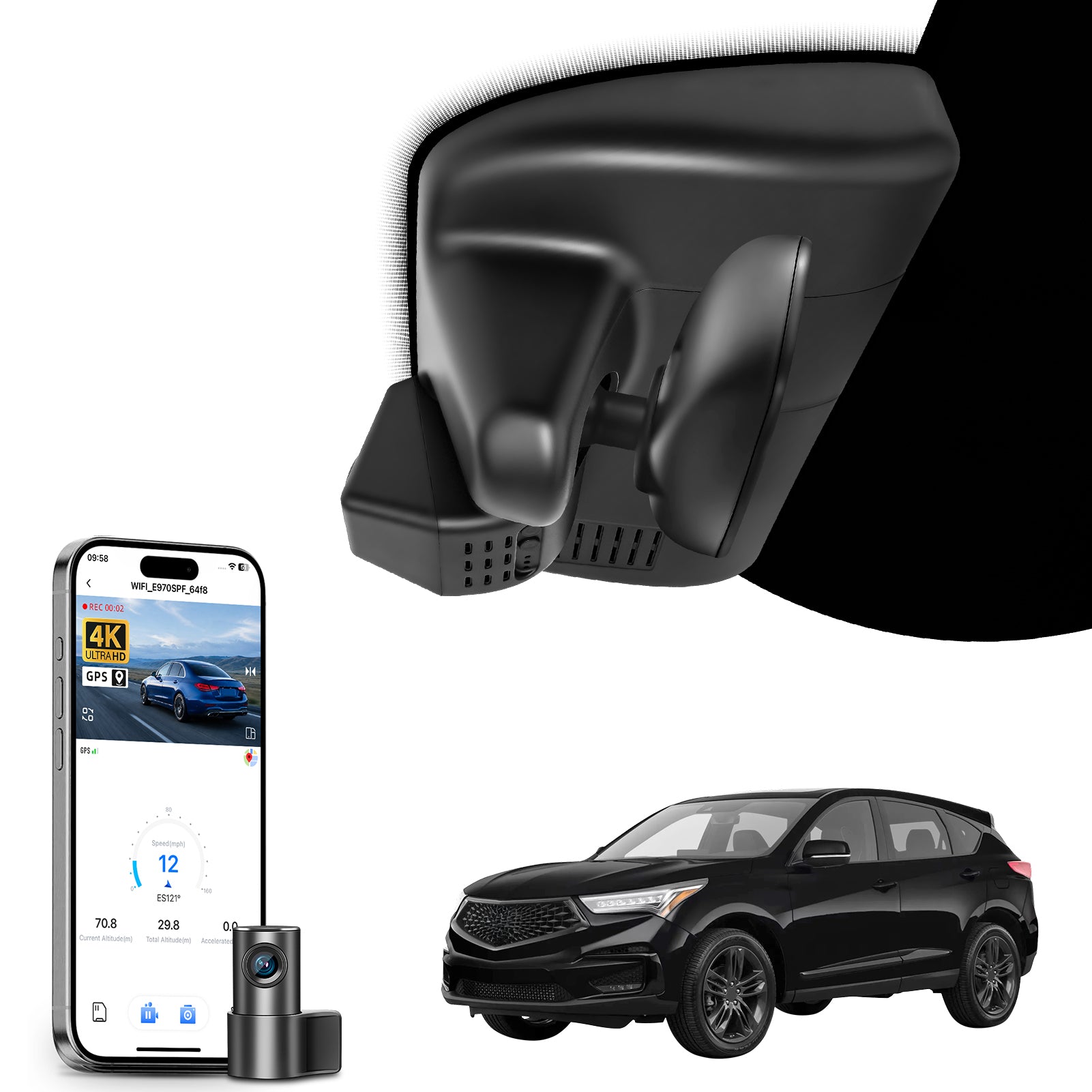 Mangoal 2 channel dash cam with STARVIS sensor, features smartphone app control, front 4K UHD and rear Full HD recording, GPS tracking, and  Acura RDX models in the background.