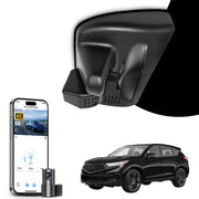 Mangoal 2 channel dash cam with STARVIS sensor, features smartphone app control, front 4K UHD and rear Full HD recording, GPS tracking, and  Acura RDX models in the background.