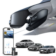 Mangoal 2 channel dash cam with STARVIS sensor, features smartphone app control, front 4K UHD and rear Full HD recording, GPS tracking, and Audi-Black models in the background.