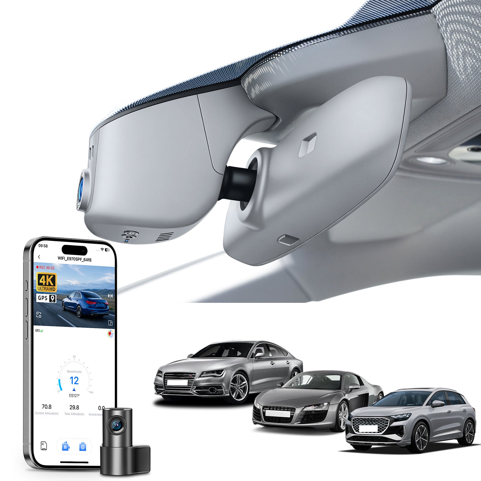 Mangoal Front 4K & Rear 1080p Dash Cam for Audi 2019-2026 A4 A6 Allroad A3 A5 Q5 S4 S6 Q7 A8 S8 TT A7 S5 Q3 S3 S7 RS3 RS5 RS6 e-tron(Model A Gray)