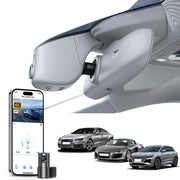 Mangoal 2 channel dash cam with STARVIS sensor, features smartphone app control, front 4K UHD and rear Full HD recording, GPS tracking, and Audi Gray models in the background.
