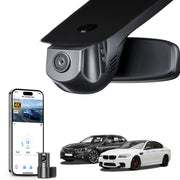 Mangoal 2 channel dash cam with STARVIS sensor, features smartphone app control, front 4K UHD and rear Full HD recording, GPS tracking, and BMW 5 Series Gen6 models in the background.