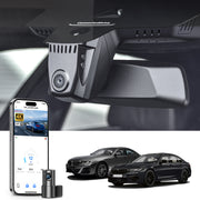 Mangoal 2 channel dash cam with STARVIS sensor, features smartphone app control, front 4K UHD and rear Full HD recording, GPS tracking, and BMW 5 Series Gen7 models in the background.