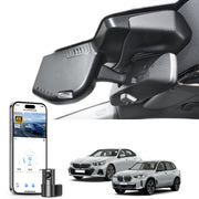Mangoal 2 channel dash cam with STARVIS sensor, features smartphone app control, front 4K UHD and rear Full HD recording, GPS tracking, and BMW 5 Series Gen8 models in the background.