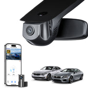 Mangoal 2 channel dash cam with STARVIS sensor, features smartphone app control, front 4K UHD and rear Full HD recording, GPS tracking, and BMW 6 Series Gen3 models in the background.