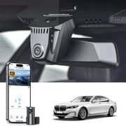 Mangoal 2 channel dash cam with STARVIS sensor, features smartphone app control, front 4K UHD and rear Full HD recording, GPS tracking, and BMW 7 Series Gen6 models in the background.