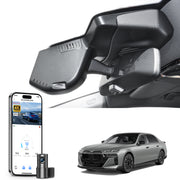 Mangoal 2 channel dash cam with STARVIS sensor, features smartphone app control, front 4K UHD and rear Full HD recording, GPS tracking, and BMW 7 Series Gen7 models in the background.