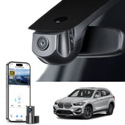 Mangoal 2 channel dash cam with STARVIS sensor, features smartphone app control, front 4K UHD and rear Full HD recording, GPS tracking, and BMW X1 Gen2 models in the background.