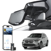 Mangoal 2 channel dash cam with STARVIS sensor, features smartphone app control, front 4K UHD and rear Full HD recording, GPS tracking, and BMW X1 Gen3 models in the background.