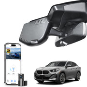 Mangoal 2 channel dash cam with STARVIS sensor, features smartphone app control, front 4K UHD and rear Full HD recording, GPS tracking, and BMW X2 Gen2 models in the background.
