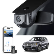 Mangoal 2 channel dash cam with STARVIS sensor, features smartphone app control, front 4K UHD and rear Full HD recording, GPS tracking, and BMW X3 Gen2 models in the background.