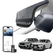 Mangoal 2 channel dash cam with STARVIS sensor, features smartphone app control, front 4K UHD and rear Full HD recording, GPS tracking, and BMW X3 Gen3 models in the background.
