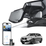 Mangoal 2 channel dash cam with STARVIS sensor, features smartphone app control, front 4K UHD and rear Full HD recording, GPS tracking, and BMW X3 Gen4 models in the background.