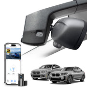 Mangoal 2 channel dash cam with STARVIS sensor, features smartphone app control, front 4K UHD and rear Full HD recording, GPS tracking, and BMW X4 Gen2 models in the background.