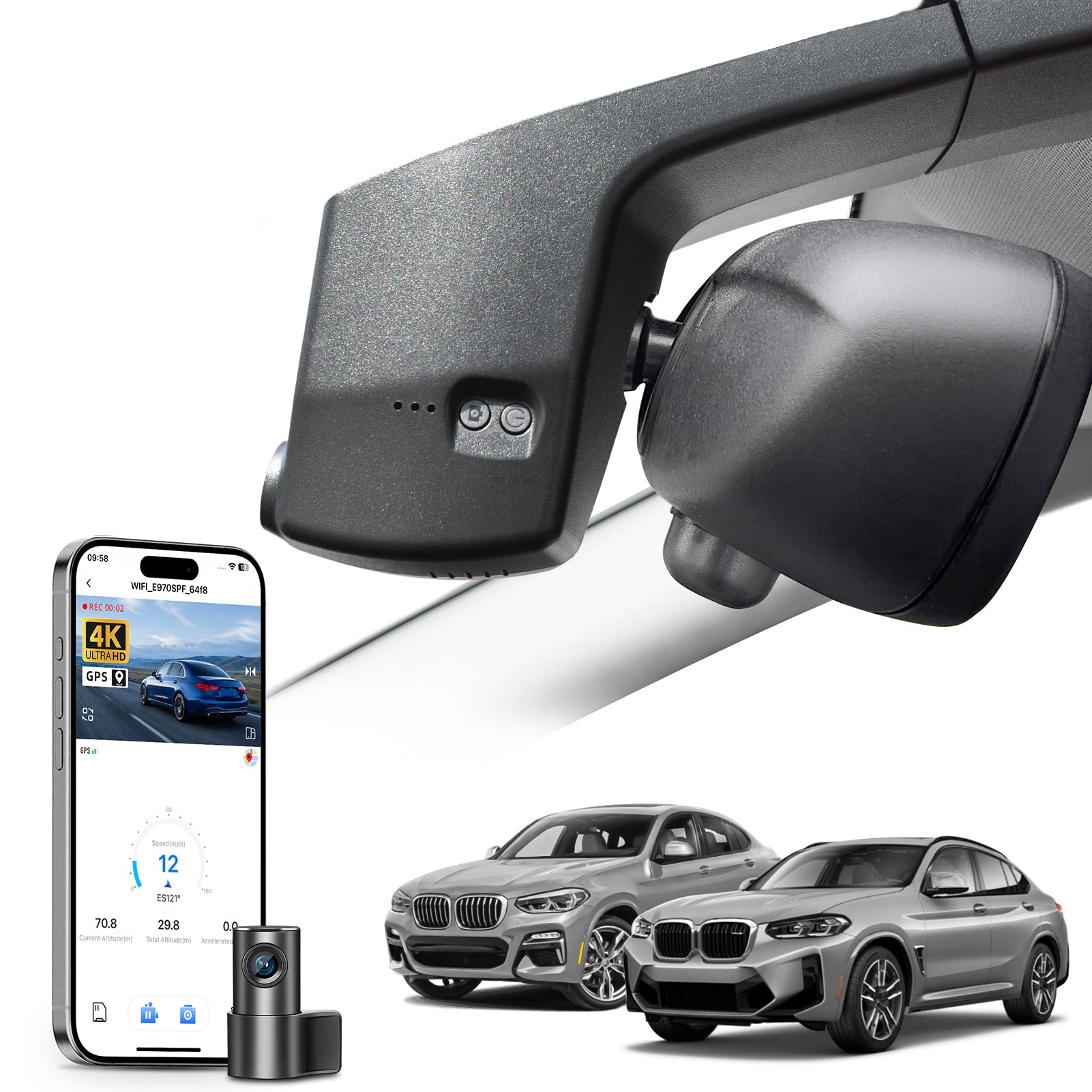Mangoal 2 channel dash cam with STARVIS sensor, features smartphone app control, front 4K UHD and rear Full HD recording, GPS tracking, and BMW X4 Gen2 models in the background.