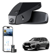 Mangoal 2 channel dash cam with STARVIS sensor, features smartphone app control, front 4K UHD and rear Full HD recording, GPS tracking, and BMW X5 Gen4 models in the background.