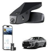 Mangoal 2 channel dash cam with STARVIS sensor, features smartphone app control, front 4K UHD and rear Full HD recording, GPS tracking, and BMW X6 Gen3 models in the background.
