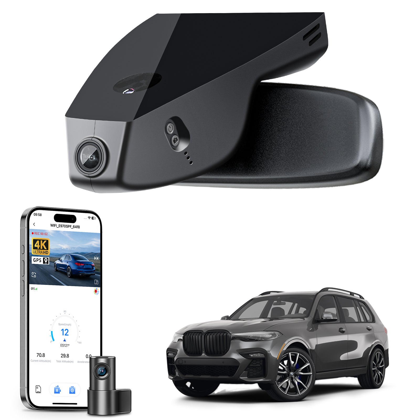 Mangoal 2 channel dash cam with STARVIS sensor, features smartphone app control, front 4K UHD and rear Full HD recording, GPS tracking, and BMW X7 Gen1 models in the background.
