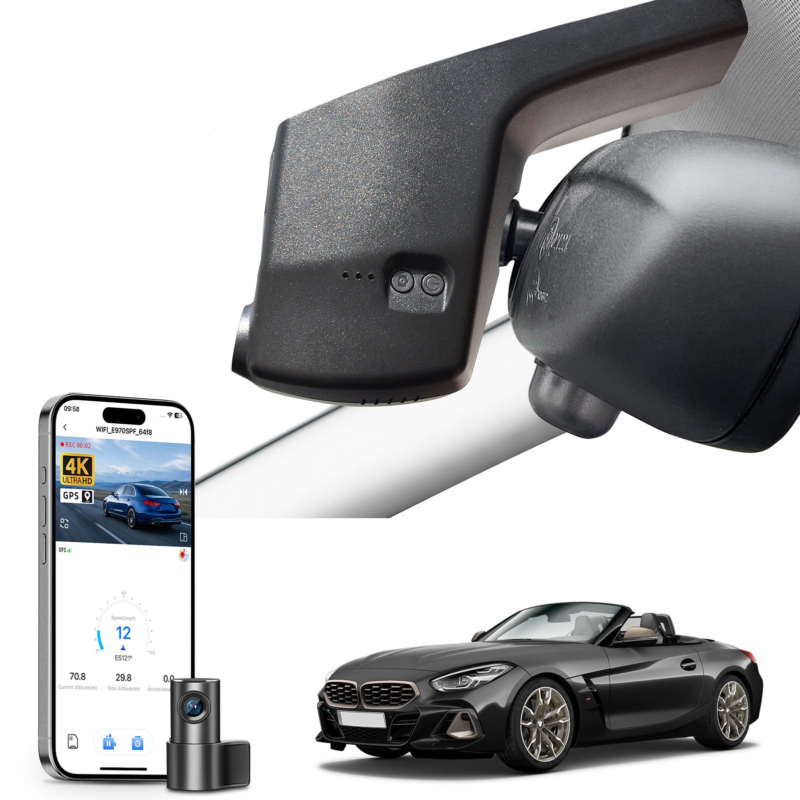 Mangoal 2 channel dash cam with STARVIS sensor, features smartphone app control, front 4K UHD and rear Full HD recording, GPS tracking, and BMW Z4 models in the background.