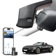 Mangoal 2 channel dash cam with STARVIS sensor, features smartphone app control, front 4K UHD and rear Full HD recording, GPS tracking, and BMW Z4 models in the background.