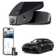 Mangoal 2 channel dash cam with STARVIS sensor, features smartphone app control, front 4K UHD and rear Full HD recording, GPS tracking, and BMW-i4 models in the background.