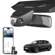 Mangoal 2 channel dash cam with STARVIS sensor, features smartphone app control, front 4K UHD and rear Full HD recording, GPS tracking, and BMW-iX models in the background.
