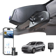 Mangoal 2 channel dash cam with STARVIS sensor, features smartphone app control, front 4K UHD and rear Full HD recording, GPS tracking, and Buick Enclave models in the background.
