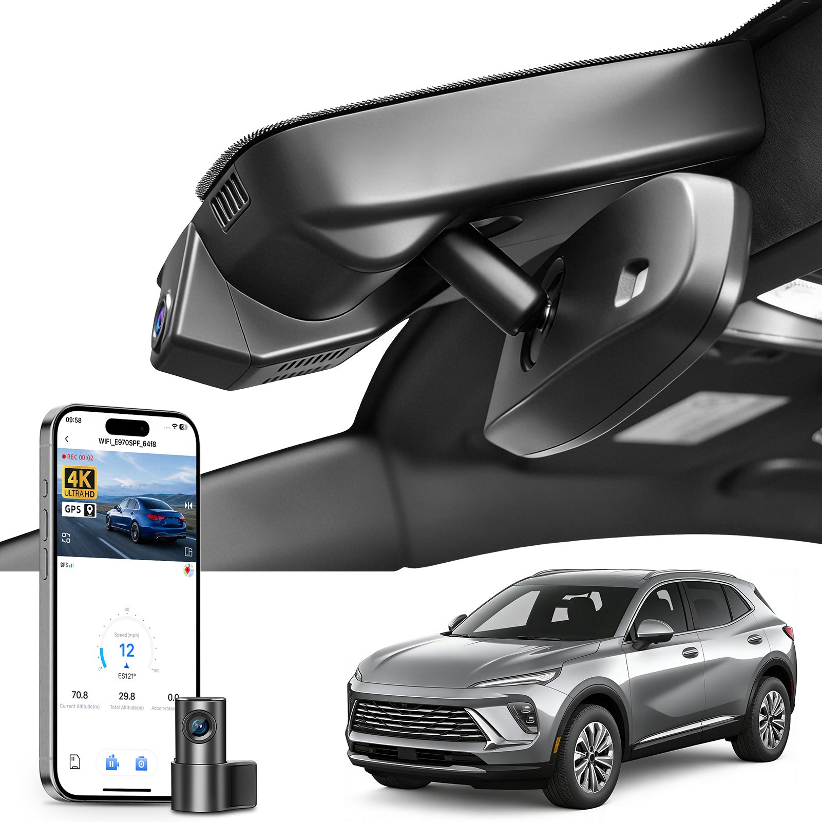 Mangoal 2 channel dash cam with STARVIS sensor, features smartphone app control, front 4K UHD and rear Full HD recording, GPS tracking, and Buick Envista models in the background.