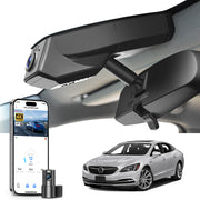 Mangoal 2 channel dash cam with STARVIS sensor, features smartphone app control, front 4K UHD and rear Full HD recording, GPS tracking, and Buick Lacrosse models in the background.