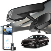 Mangoal 2 channel dash cam with STARVIS sensor, features smartphone app control, front 4K UHD and rear Full HD recording, GPS tracking, and Buick Regal models in the background.