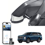 Mangoal 2 channel dash cam with STARVIS sensor, features smartphone app control, front 4K UHD and rear Full HD recording, GPS tracking, and Cadillac Escalade SUV models in the background.