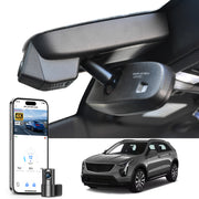 Mangoal 2 channel dash cam with STARVIS sensor, features smartphone app control, front 4K UHD and rear Full HD recording, GPS tracking, and Cadillac XT4 models in the background.