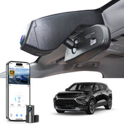Mangoal 2 channel dash cam with STARVIS sensor, features smartphone app control, front 4K UHD and rear Full HD recording, GPS tracking, and Chevy Blazer models in the background.
