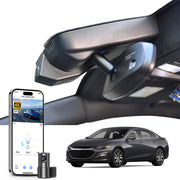 
Mangoal 2 channel dash cam with STARVIS sensor, features smartphone app control, front 4K UHD and rear Full HD recording, GPS tracking, and Chevy Malibu models in the background.