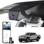 Mangoal 2 channel dash cam with STARVIS sensor, features smartphone app control, front 4K UHD and rear Full HD recording, GPS tracking, and Chevy Silverado EV models in the background.