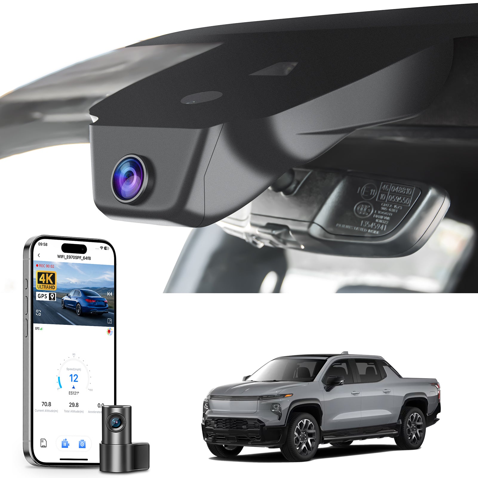 Mangoal 2 channel dash cam with STARVIS sensor, features smartphone app control, front 4K UHD and rear Full HD recording, GPS tracking, and Chevy Silverado EV models in the background.