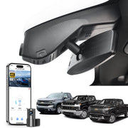 Mangoal 2 channel dash cam with STARVIS sensor, features smartphone app control, front 4K UHD and rear Full HD recording, GPS tracking, and Chevy Silverado models in the background.