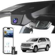 Mangoal 2 channel dash cam with STARVIS sensor, features smartphone app control, front 4K UHD and rear Full HD recording, GPS tracking, and Chevy Suburban Tahoe models in the background.