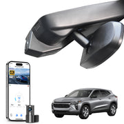 
Mangoal 2 channel dash cam with STARVIS sensor, features smartphone app control, front 4K UHD and rear Full HD recording, GPS tracking, and Chevy Trax models in the background.