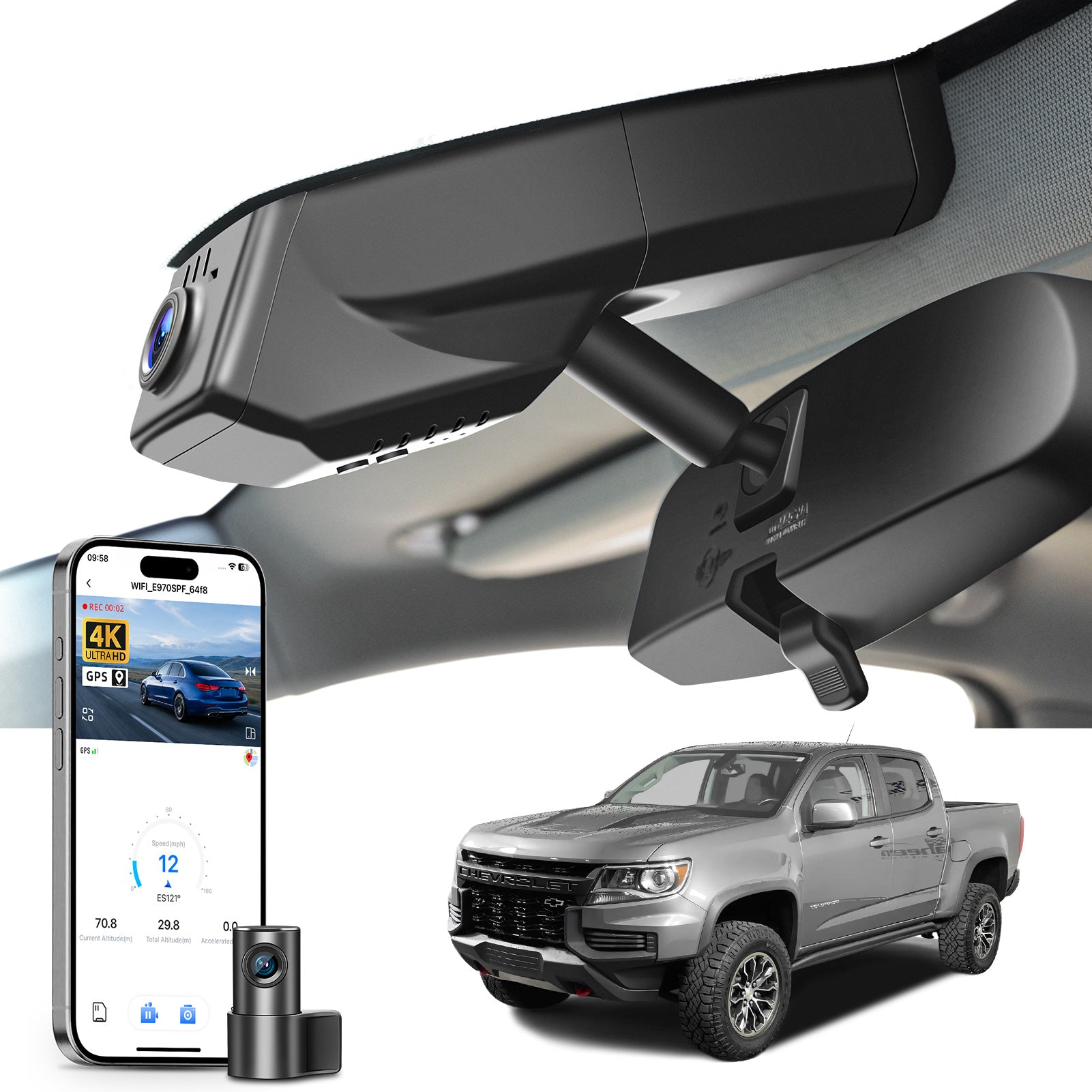 Mangoal 2 channel dash cam with STARVIS sensor, features smartphone app control, front 4K UHD and rear Full HD recording, GPS tracking, and Chevy Colorado models in the background