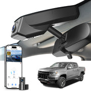 Mangoal 2 channel dash cam with STARVIS sensor, features smartphone app control, front 4K UHD and rear Full HD recording, GPS tracking, and Chevy Colorado models in the background