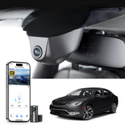 Mangoal 2 channel dash cam with STARVIS sensor, features smartphone app control, front 4K UHD and rear Full HD recording, GPS tracking, and Chrysler 200 models in the background.
