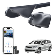 
Mangoal 2 channel dash cam with STARVIS sensor, features smartphone app control, front 4K UHD and rear Full HD recording, GPS tracking, and Chrysler Voyager models in the background.